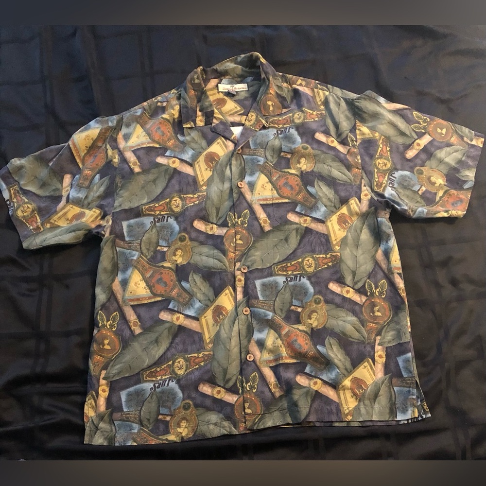 Tommy Bahama Silk Cigar Pattern Shirt Large Havana Hawaiian